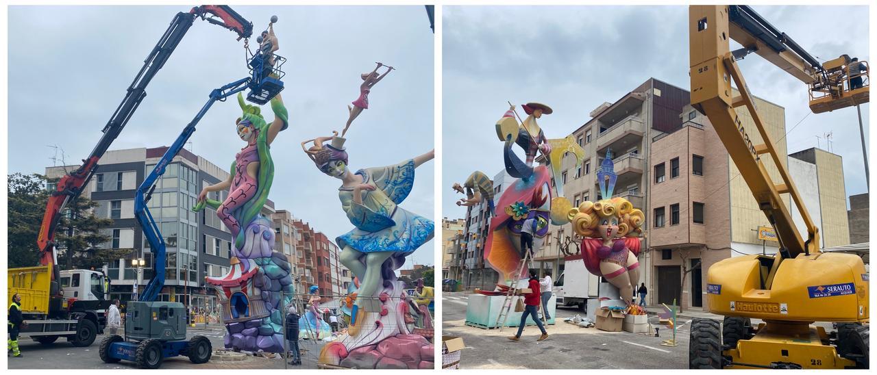 Las fallas El Caduf (i) y Benicarló (d) ya han plantado sus monumentos este viernes por la mañana.