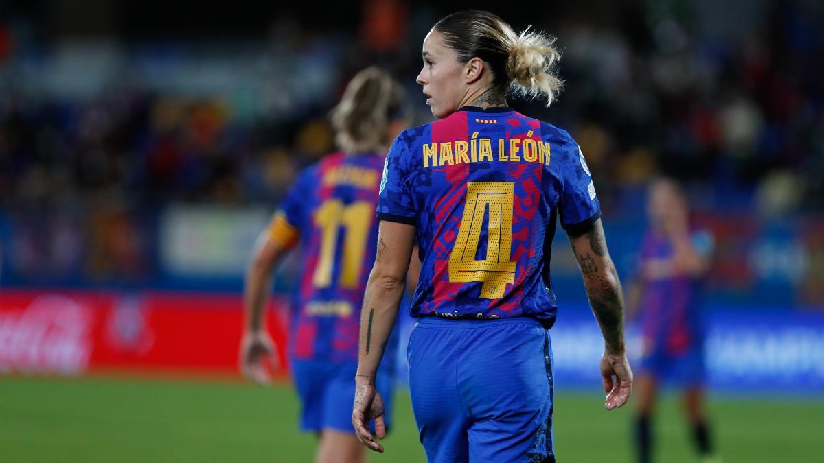 Mapi León, jugadora del FC Barcelona en un partido de Champions