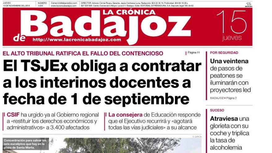 Esta es la portada de LA CRÓNICA DE BADAJOZ correspondiente al día 15 de noviembre del 2018