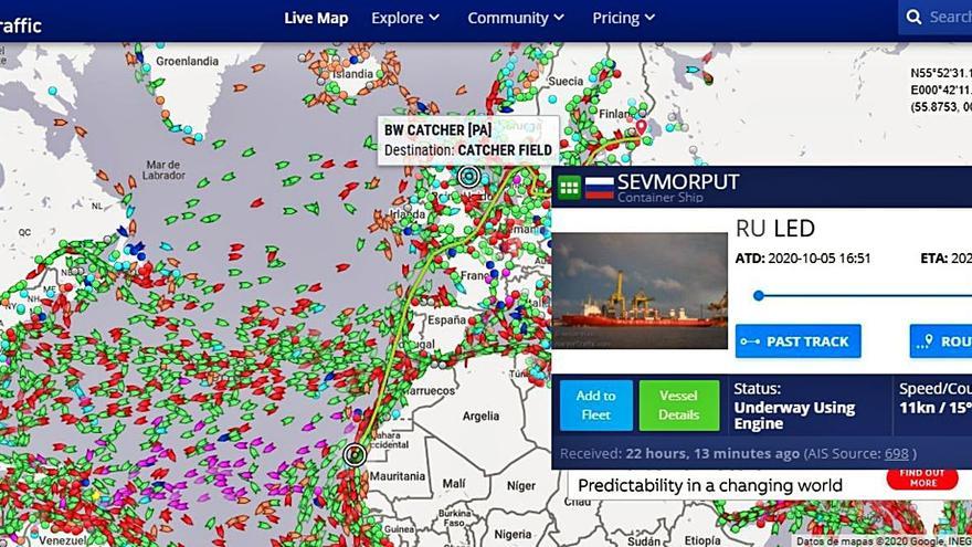 Punto en el que se encontraba ayer el ‘Sevmorput’ y recorrido previsto. |   // MARINETRAFFIC.COM