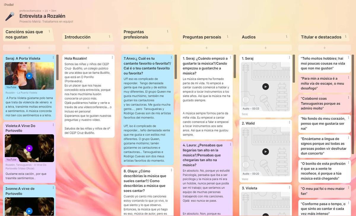 O padlet onde o CEIP da Cruz-Budiño organizou a entrevista a Rozalén.