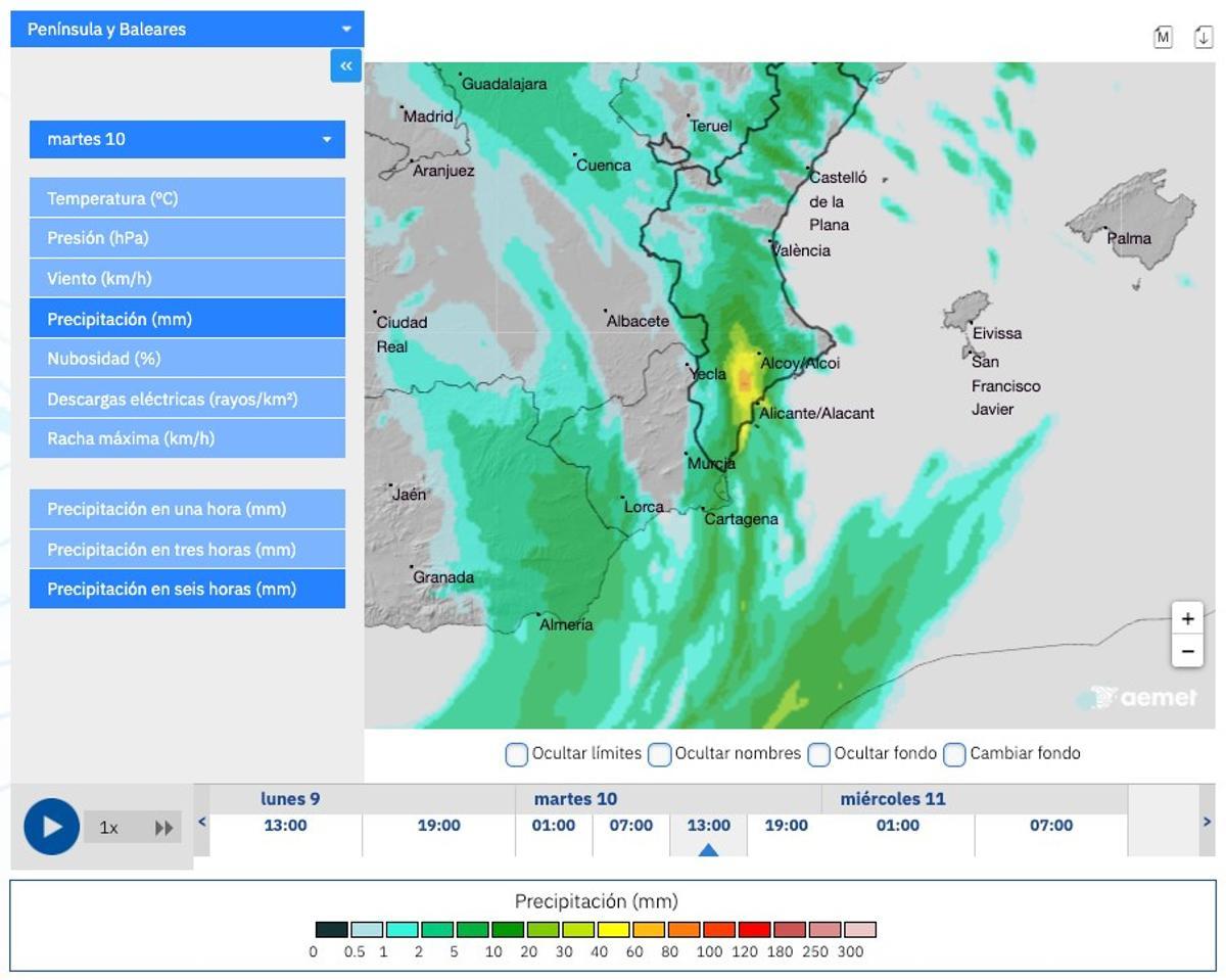 Previsión de acumulados de lluvia para el martes