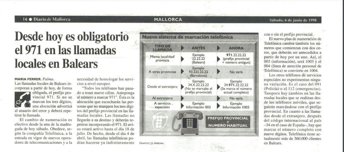 Noticia aparecida en Diario de Mallorca el 6 de junio de 1998 anunciando el cambio en la numeración telefónica