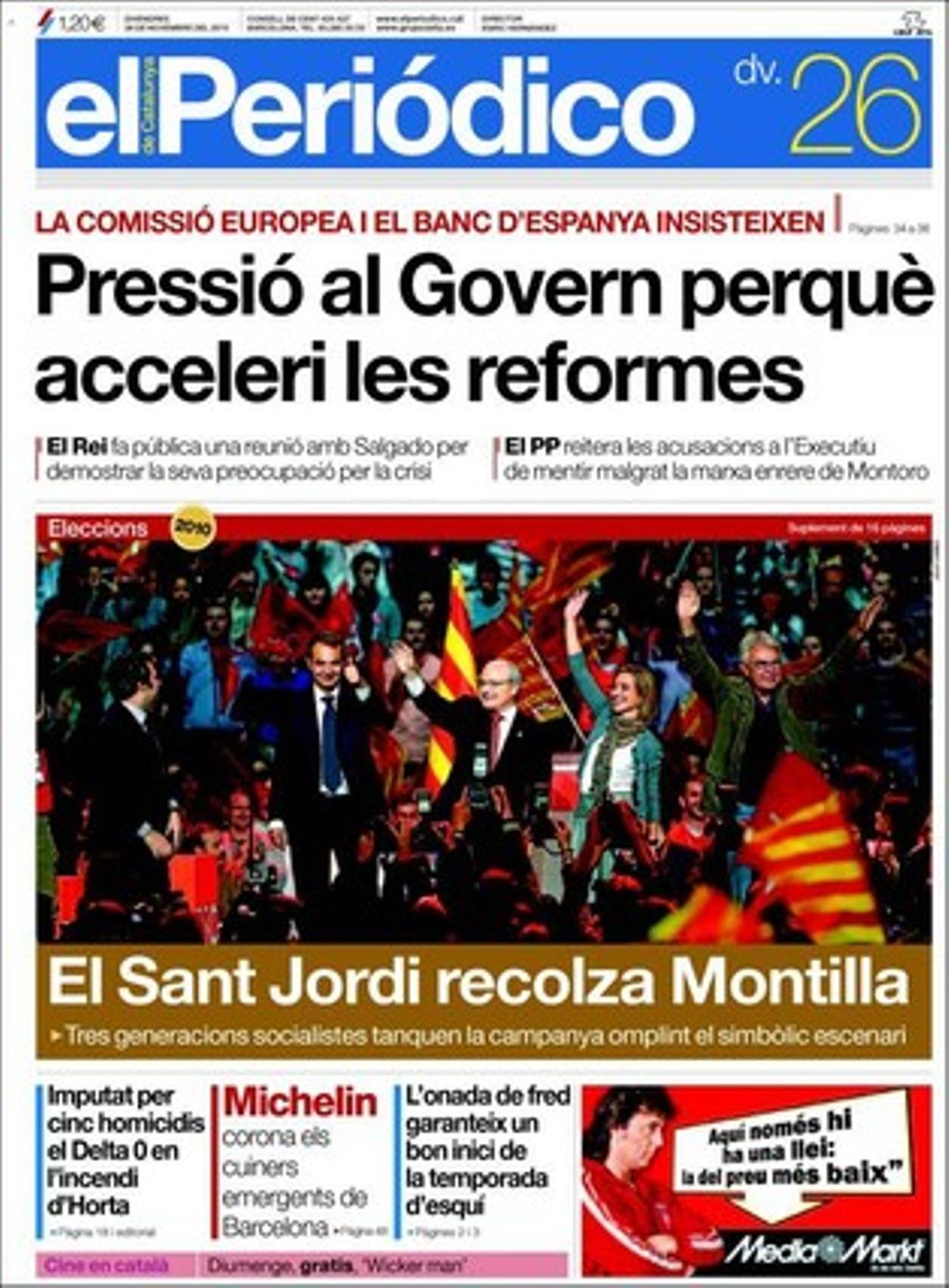 EL PERIÓDICO també destaca a dins que només el 7% dels pares cuiden els fills igual o més que les mares, segons un estudi de la Fundació La Caixa per a tot Espanya, i que dues immobiliàries atípiques cobren en negre per pisos socials del Gornal. Ofereix a més el quadern ’Eleccions 2010’ i el suplement ’+icult’ amb l’oferta cultural del cap de setmana. 