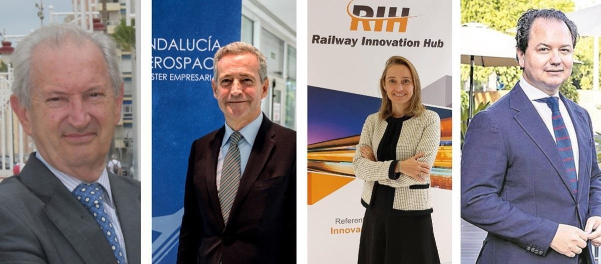 Por la izquierda, el presidente del Clúster Marítimo Naval de Cádiz, José Luis García; el presidente de Andalucía Aerospace, Antonio Gómez-Guillamón; la presidenta de Railway Innovation Hub, Laura Tordera, y el presidente de Andalucia Logistics, Miguel Ángel Tamarit Almagro.