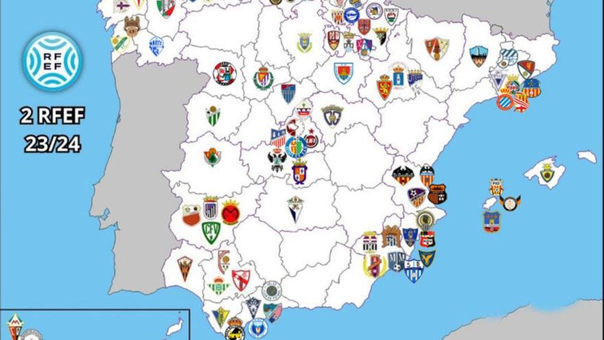 Mapa de España con la distribución de los diferentes equipos que integrarán la Segunda RFEF en la próxima temporada 2023-24.