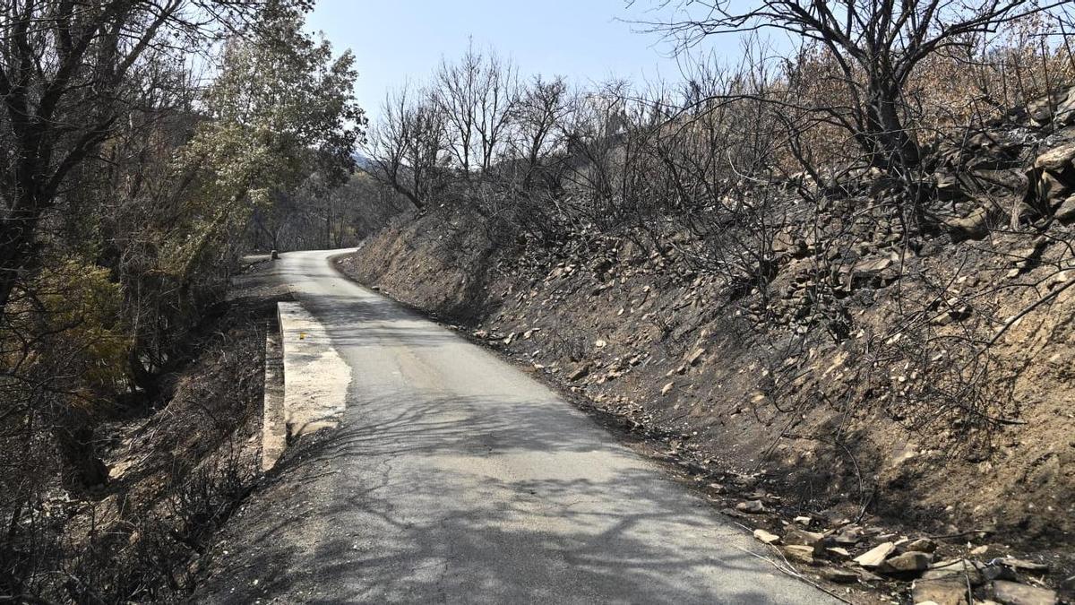 Una de las carreteras afectadas por el incendio declarado en Las Peñas de Riglos.
