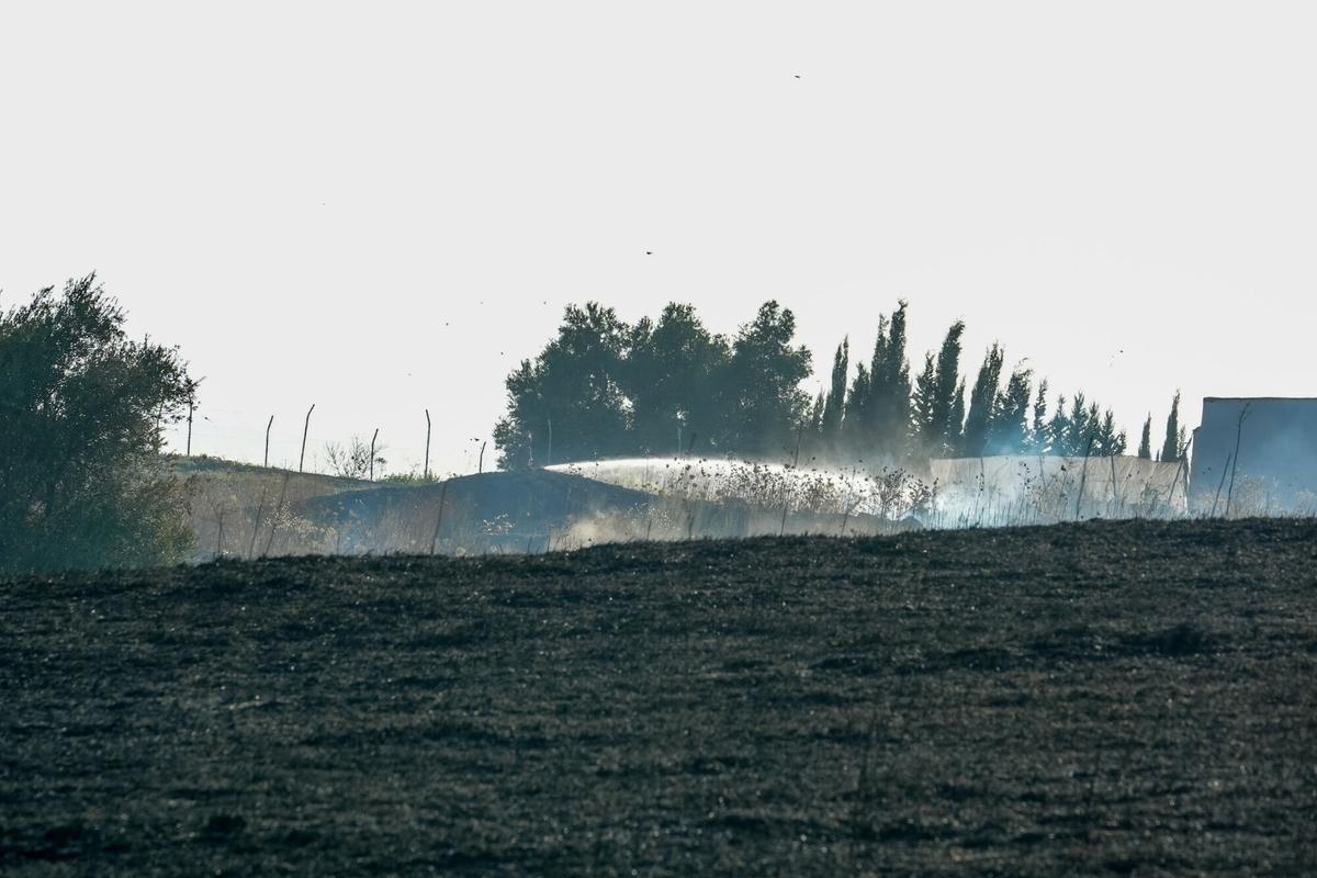 Bomberos trabajan en el Conjunto Arqueológico de Itálica para sofocar las llamas. A 8 de agosto de 2025 en Santiponce, Sevilla (Andalucía, España). El Consorcio provincial de Bomberos trabaja en un incendio declarado en el interior del recinto de Itálica