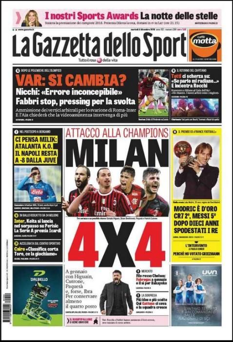 Portada GAZZETTA DELLO SPORT martes 4 diciembre