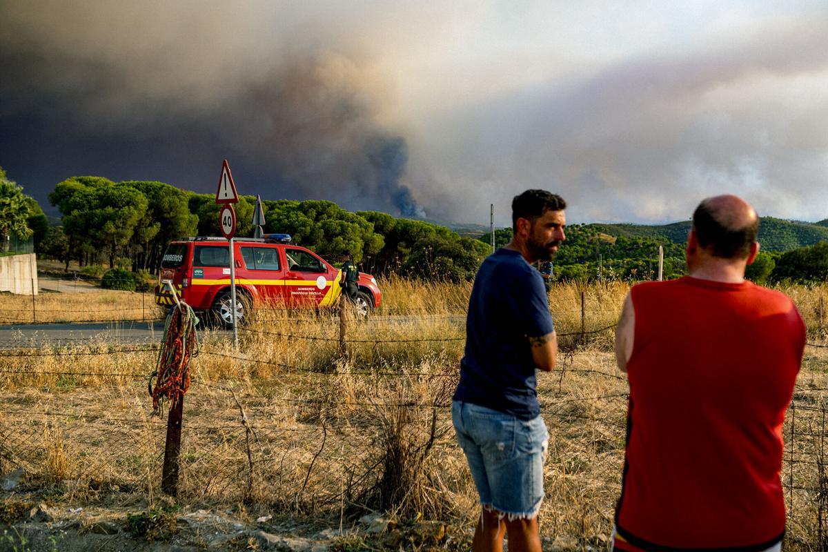 EL MADROÑO (SEVILLA), 09/08/2026.- Bomberos a su paso por la localidad de El Madroño, en Sevilla, dirigiéndose hacia el incendio de Niebla (Huelva), que ha recorrido un perímetro de 44 kilómetros con unas 8.000 hectáreas, presenta dos frentes activos y mantiene desalojadas a un total de 467 personas. EFE/Mauri Buhigas EL MADROÑO (SEVILLA), 09/08/2026.- Bomberos a su paso por la localidad de El Madroño, en Sevilla, dirigiéndose hacia el incendio de Niebla (Huelva), que ha recorrido un perímetro de 44 kilómetros con unas 8.000 hectáreas, presenta dos frentes activos y mantiene desalojadas a un total de 467 personas. EFE/Mauri Buhigas