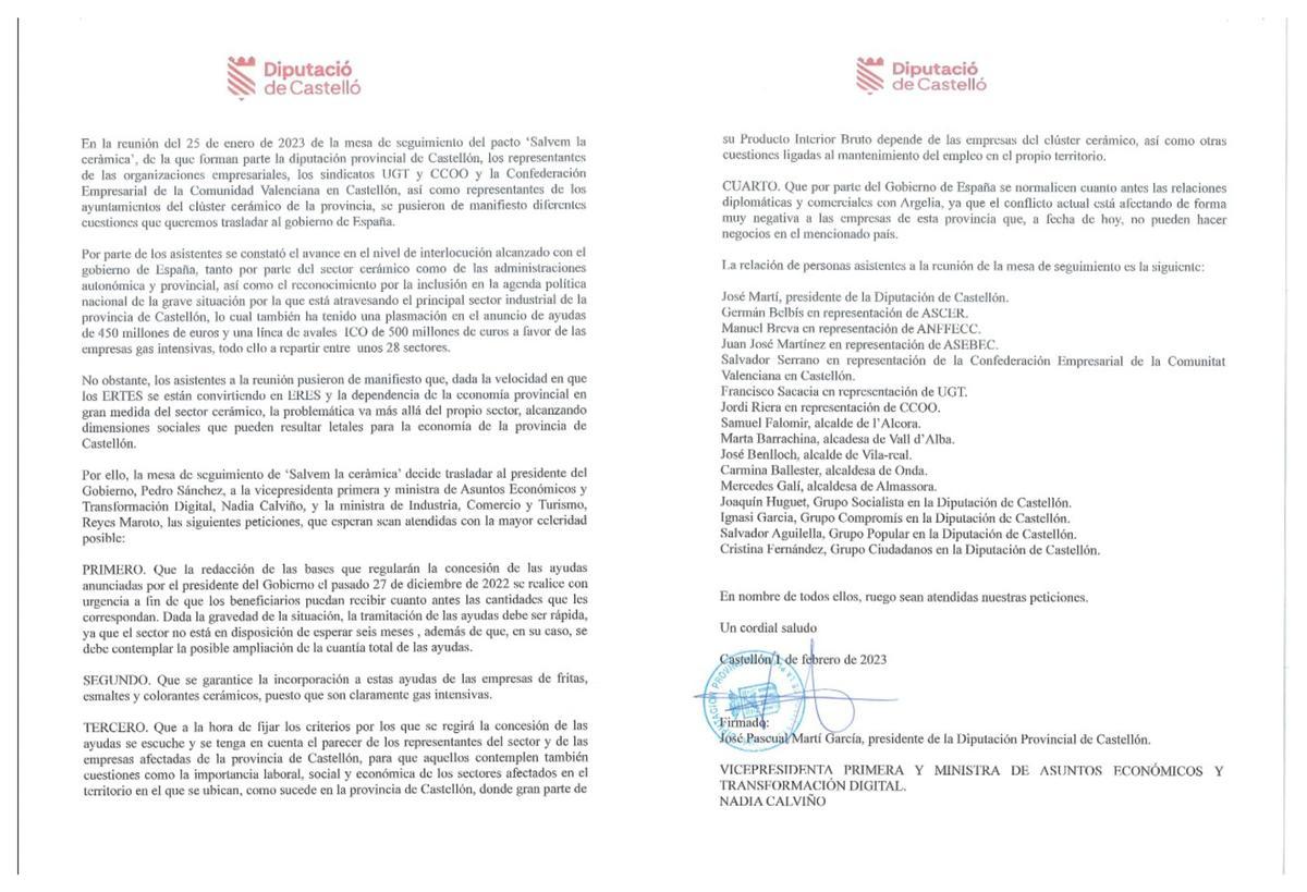 Contenido de la carta remitida a diferentes departamentos del Gobierno.