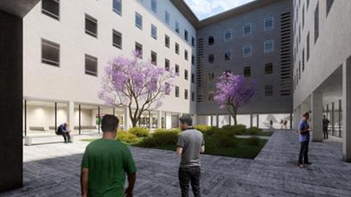 EL ESPACIO  3 Arriba, uno de los patios interiores de la cárcel Modelo recuperados para la ciudad. Abajo, dos imágenes virtuales del futuro centro abierto de la Zona Franca.