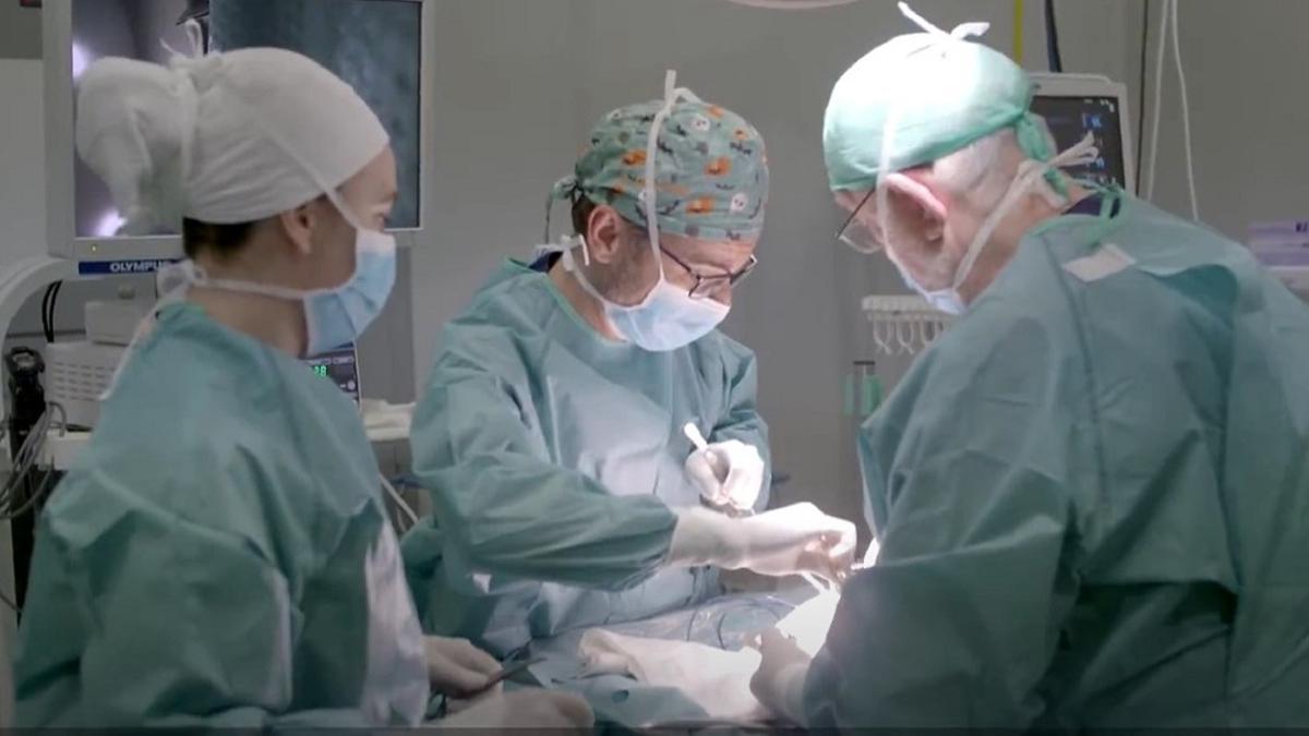 El doctor Blas Flor y su equipo en una cirugía laparoscópica de cáncer de colon.