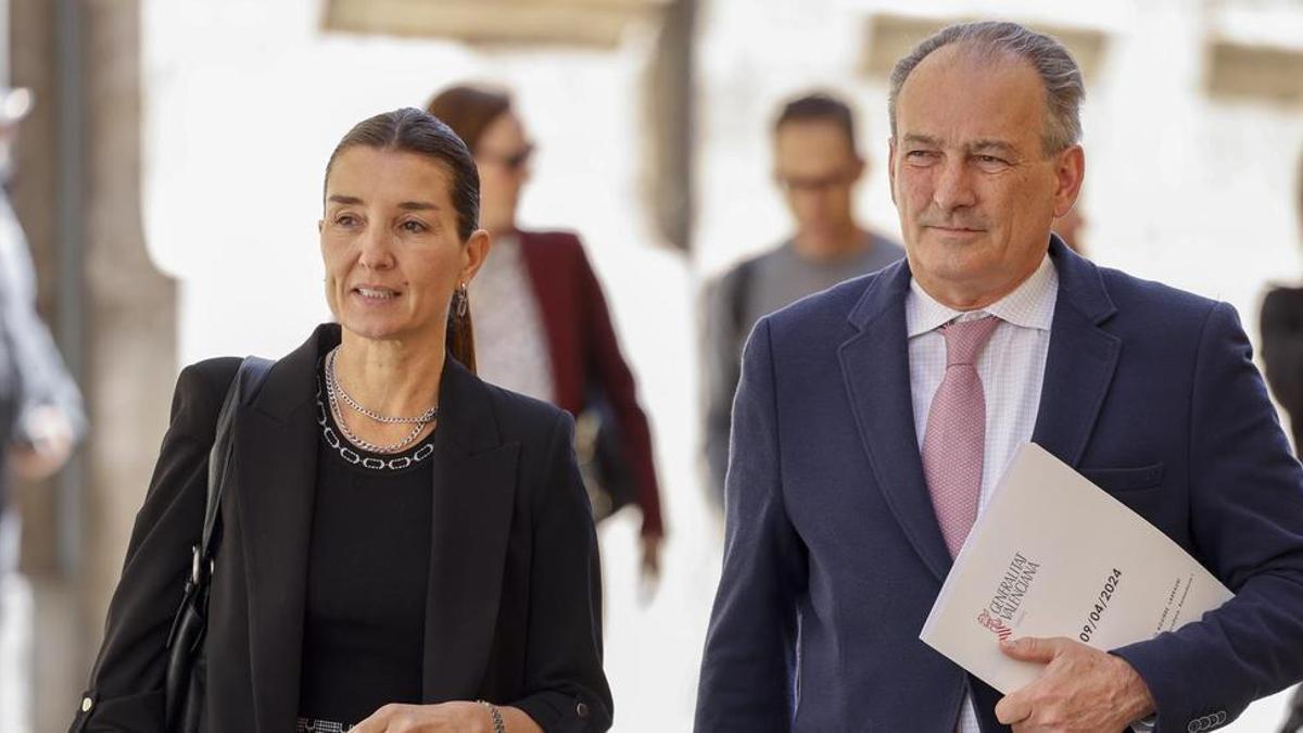 La portavoz del Gobierno valenciano, Ruth Merino, junto al conseller de Agricultura, José Luis Aguirre (Vox), tras el pleno del Consell.