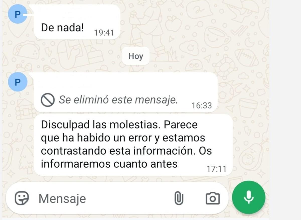 Mensaje borrado y rectificación a la espera de contar con más datos