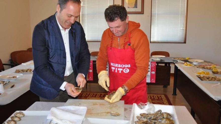 El alcalde de Soutomaior, Agustín Reguera, abre ostras junto a un especialista, ayer en el Concello. // R.A.