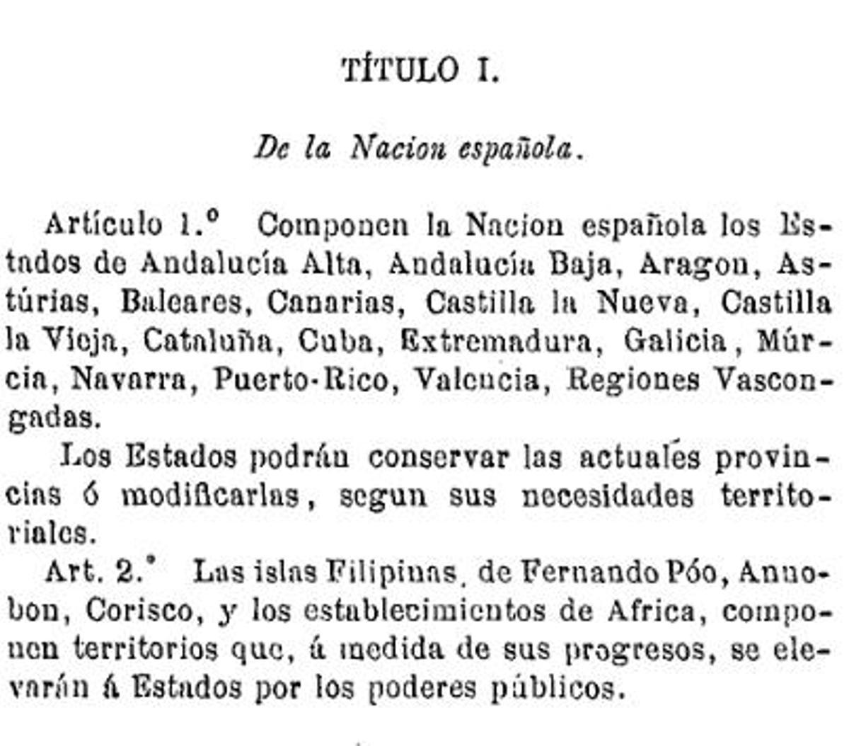 Artículo 1 del proyecto de Constitución de 1873.