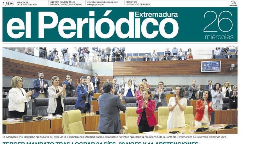 Esta es la portada de EL PERIÓDICO EXTREMADURA correspondiente al día 26 de junio del 2019