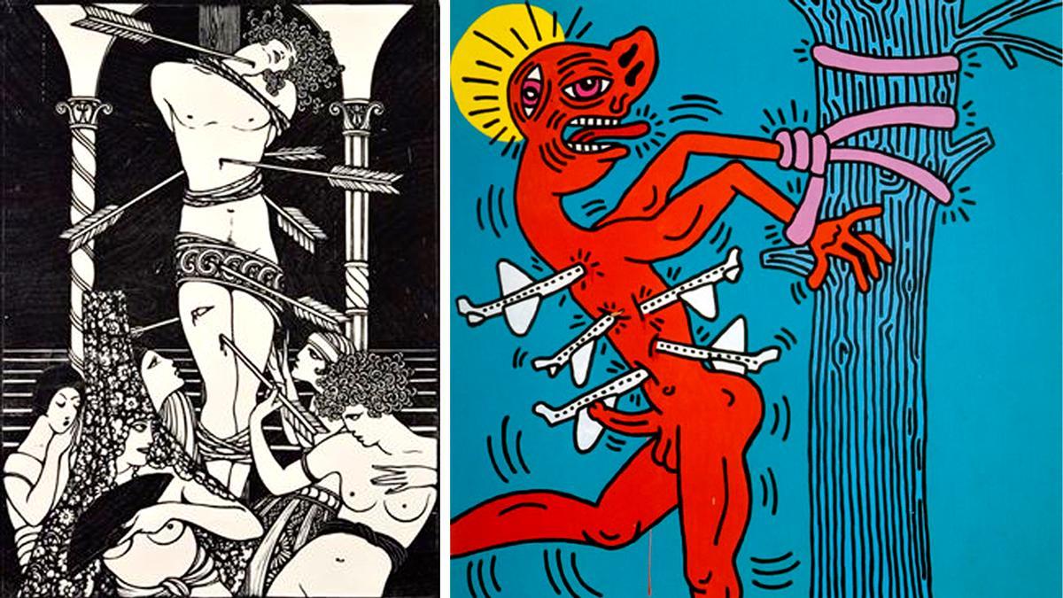 San Sebastián representado por Francesco Nonni (1925), á esquerda, e en serigrafía de Keith Haring, á dereita.