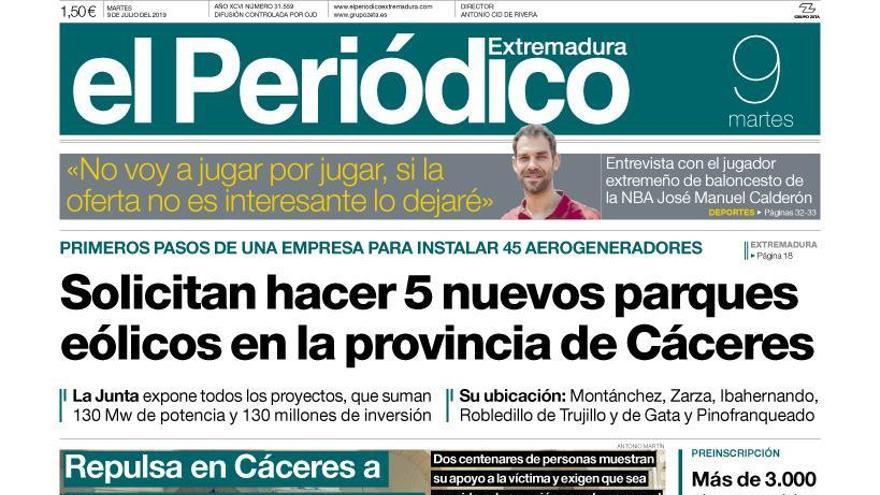 Esta es la portada de EL PERIÓDICO EXTREMADURA correspondiente al día 9 de julio del 2019