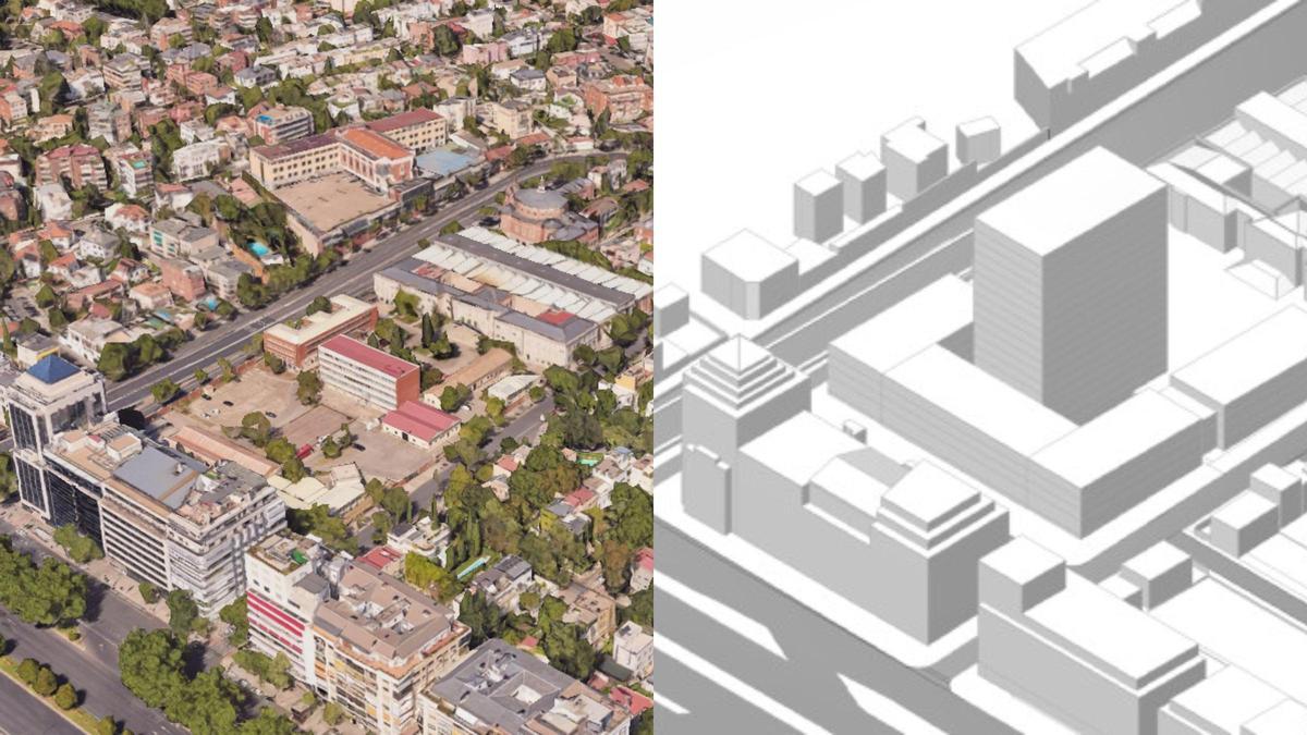 Estado actual del entorno y futura perspectiva con el edificio construido, según el proyecto.