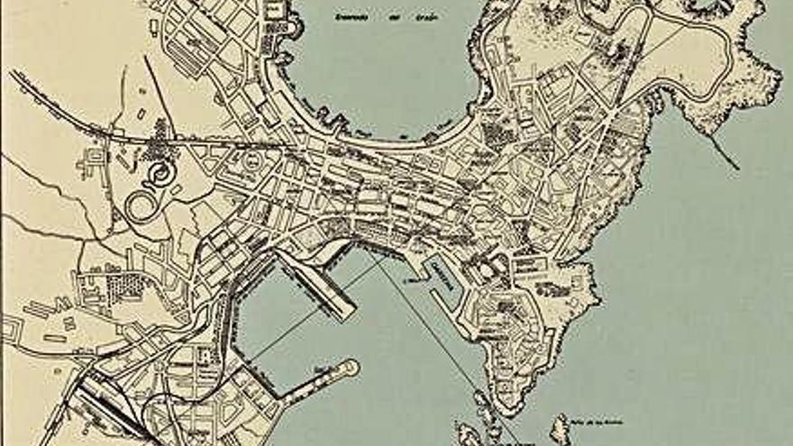 Mapa de A Coruña durante la II República con las indicaciones realizadas por el ejército británico en 1942.