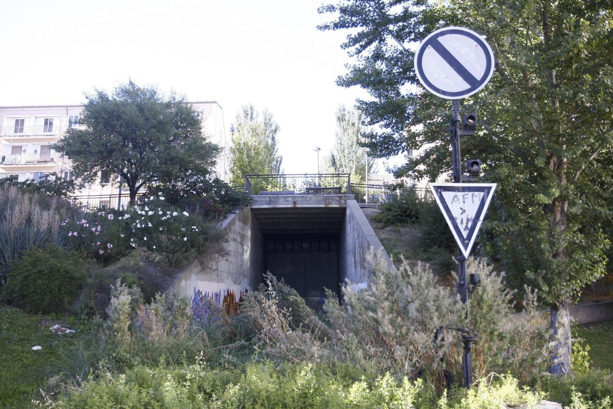 Paso subterráneo abandonado y lleno de maleza.