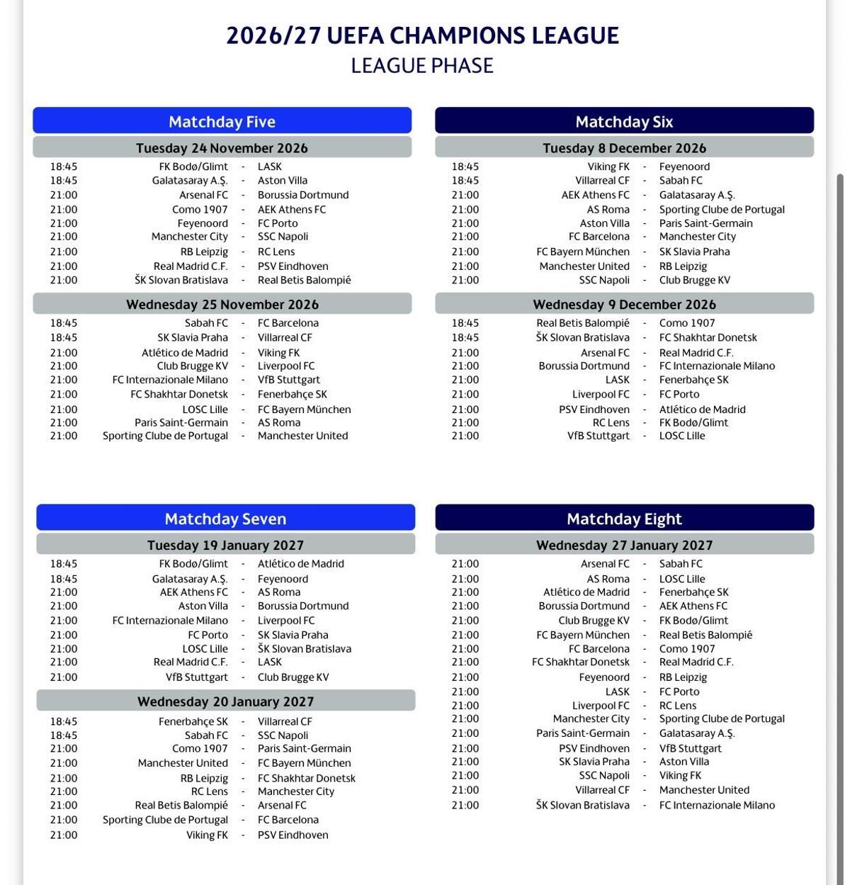 Horarios 2 Champions League
