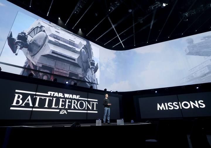 Patrick Bach, executive producer of DICE, introduces the "Star Wars Battlefront" video game at the Sony Playstation E3 conference in Los Angeles