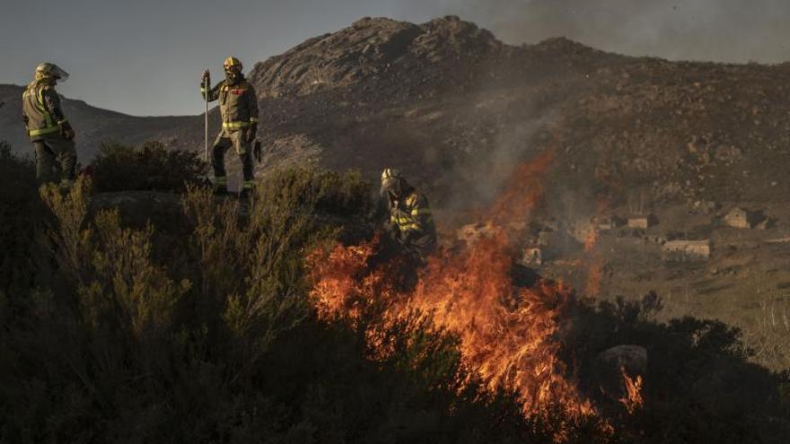 Agentes trabajando en la extinción de las llamas y la zona de O Salgueiro. |   // BRAIS LORENZO