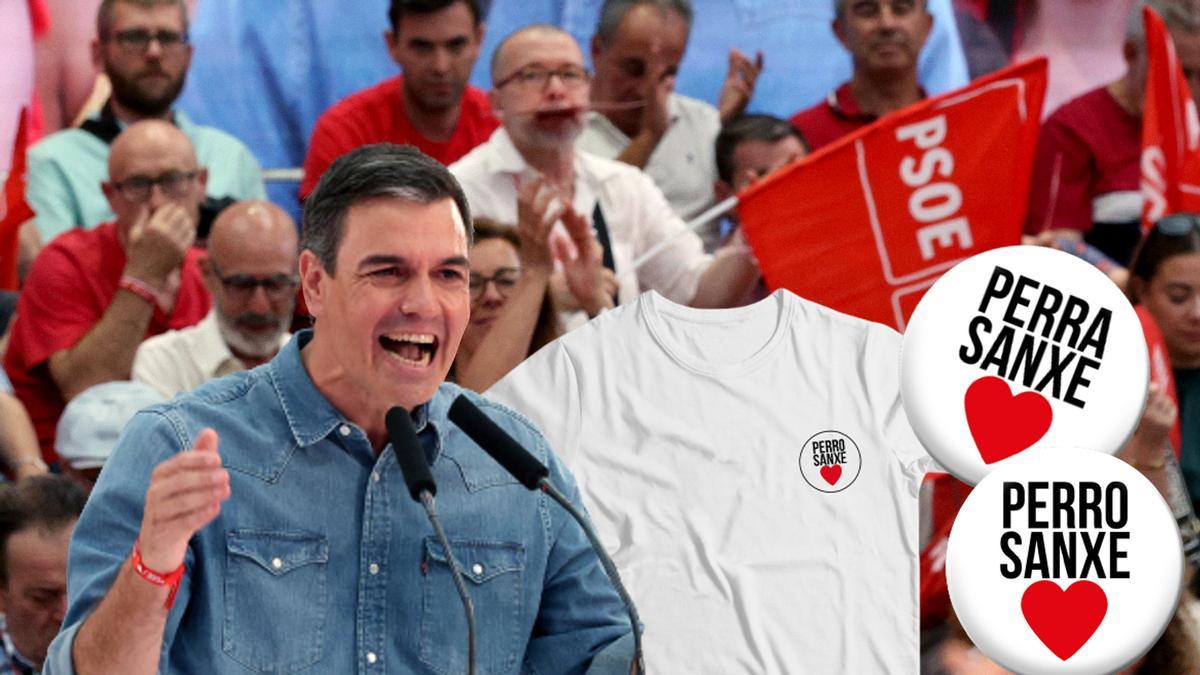 Pedro Sánchez participa en un mitin del PSOE. A la derecha, las chapas y la camiseta de Perro Sanxe que se han agotado en La tienda del PSOE.