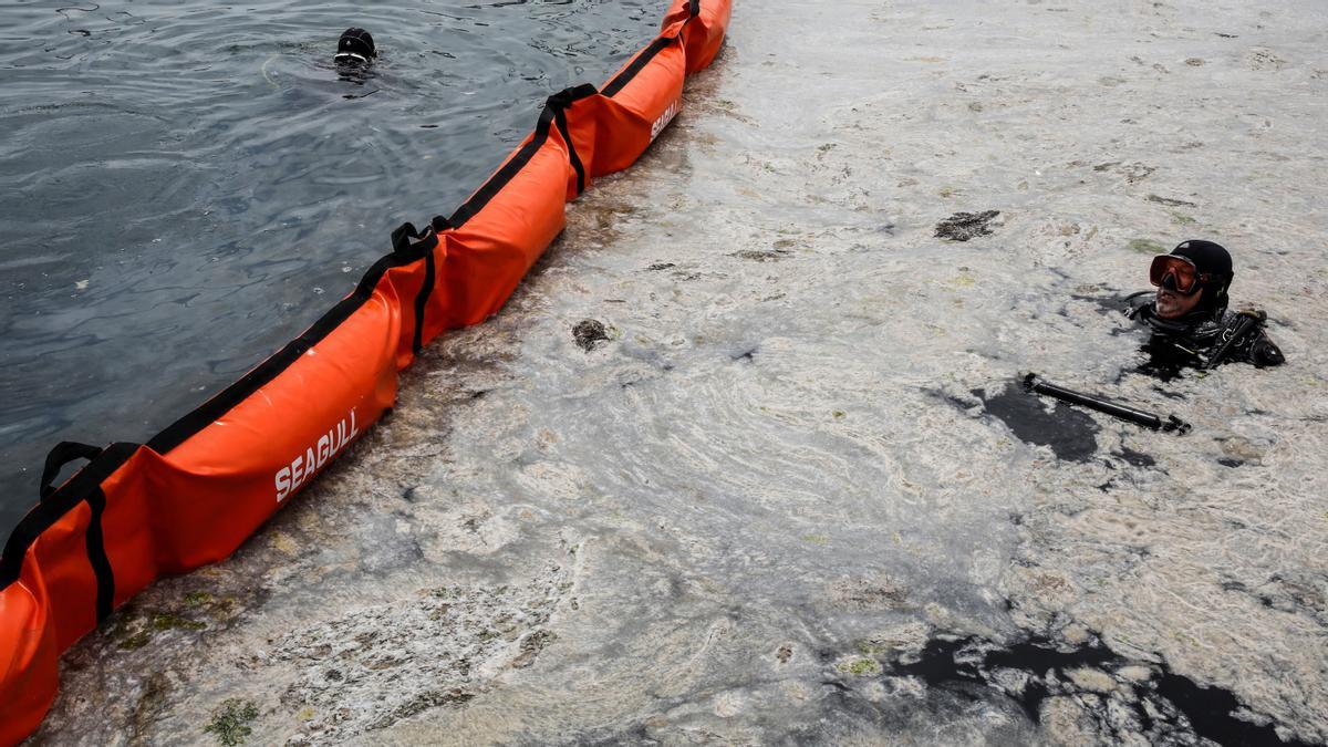 El cineasta Tahsin Ceylan inspecciona el moco que cubre el Mar de Mármara, en Turquía