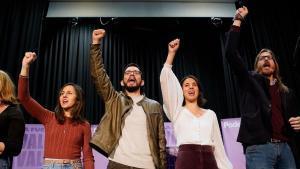 Las dirigentes de Podemos Ione Belarra e Irene Montero, participan junto al candidato de Podemos-Alianza Verde en Castilla y León, Miguel Ángel Llamas en un acto de campaña en Valladolid el pasado sábado.