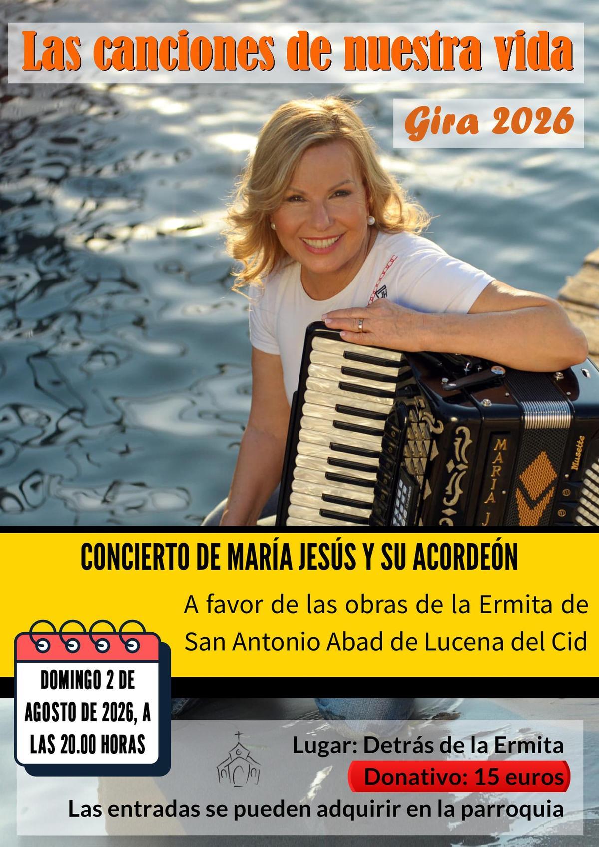Cartel del concierto que ofrecerá María Jesús y su acordeón en Llucena.