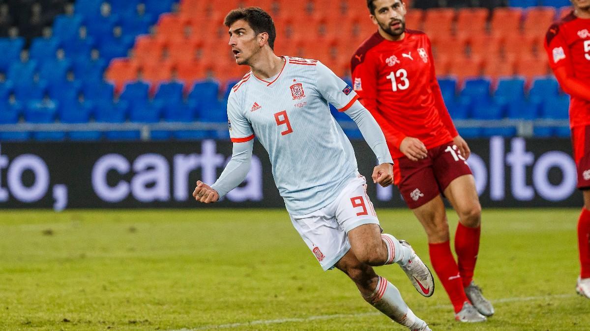 Gerard Moreno celebra un gol de España ante Suiza