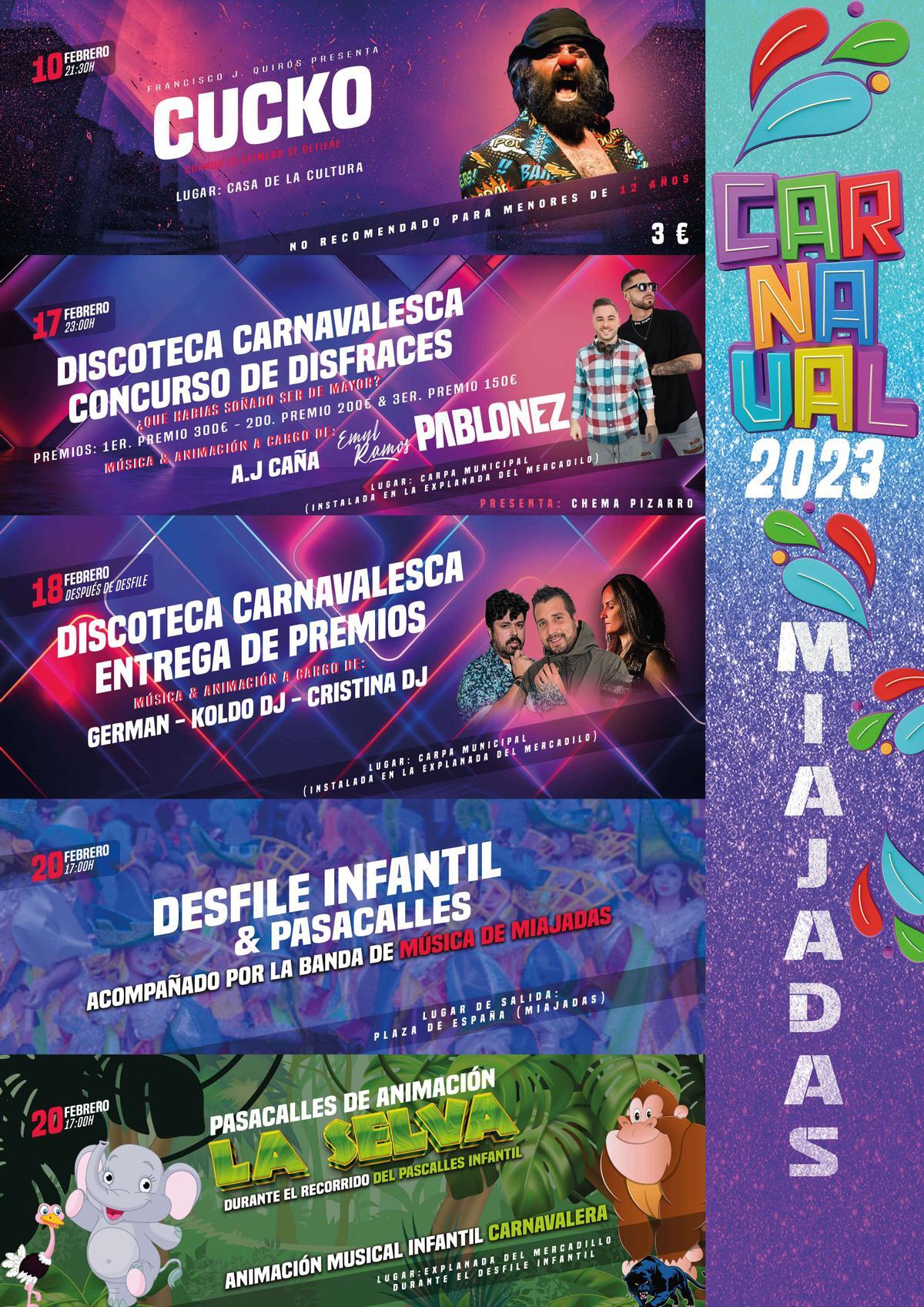 Cartel de las actuaciones musicales del Carnaval de Miajadas 2023.
