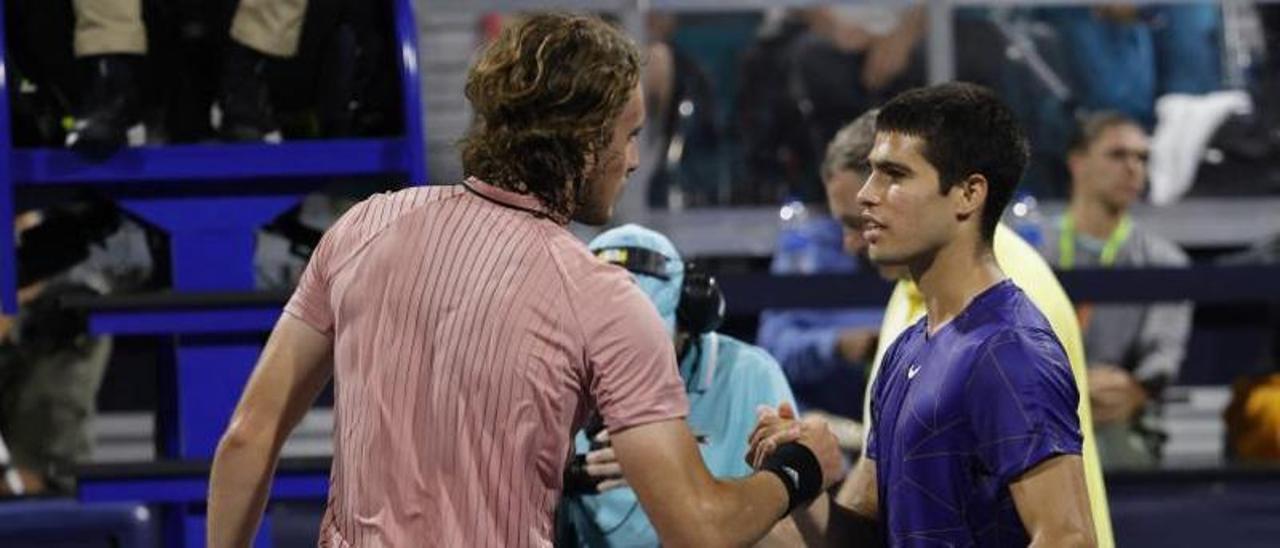 Tsitsipas y Alcaraz, en el Masters 1000 de Miami.