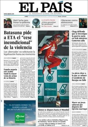 A dins ’El País’ destaca també que 22 mesos després de l’accident del MD 82 de Spanair a Barajas, que va causar 154 morts, apareixen nous dubtes en la investigació al constatar-se que el relé funcionava bé. I que Hisenda obre inspecció als titulars de comptes suïssos del HSBC davant l’escassa regulació voluntària dels 6.000 milions d’euros evadits pels seus 1.500 titulars; que la desigualtat entre rics i pobres fractura Barcelona amb diferències de renda entre els seus barris de fins al 416%, que ha estat destituït l’interventor del Vendrell al ser denunciat per persecució sexual per una altra dona, que el Defensor del Poble investiga les 2.700 aules prefabricades amb què han començat l’actual curs escolar, incloses les 1.057 de Catalunya.