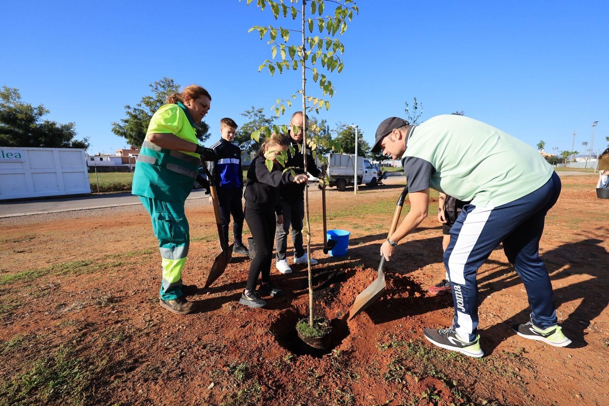  Éxito de la plantación de árboles por parte de personal y familias de Pamesa Grupo Empresarial en la Ciutat Esportiva Municipal de Vila-real que ha tenido lugar en la mañana. de este sábado La acción, que forma parte de la Responsabilidad Social Corporativa del grupo, está incluida en la programación del 20.º Mes de la Sostenibilidad de la Concejalía de Medio Ambiente.