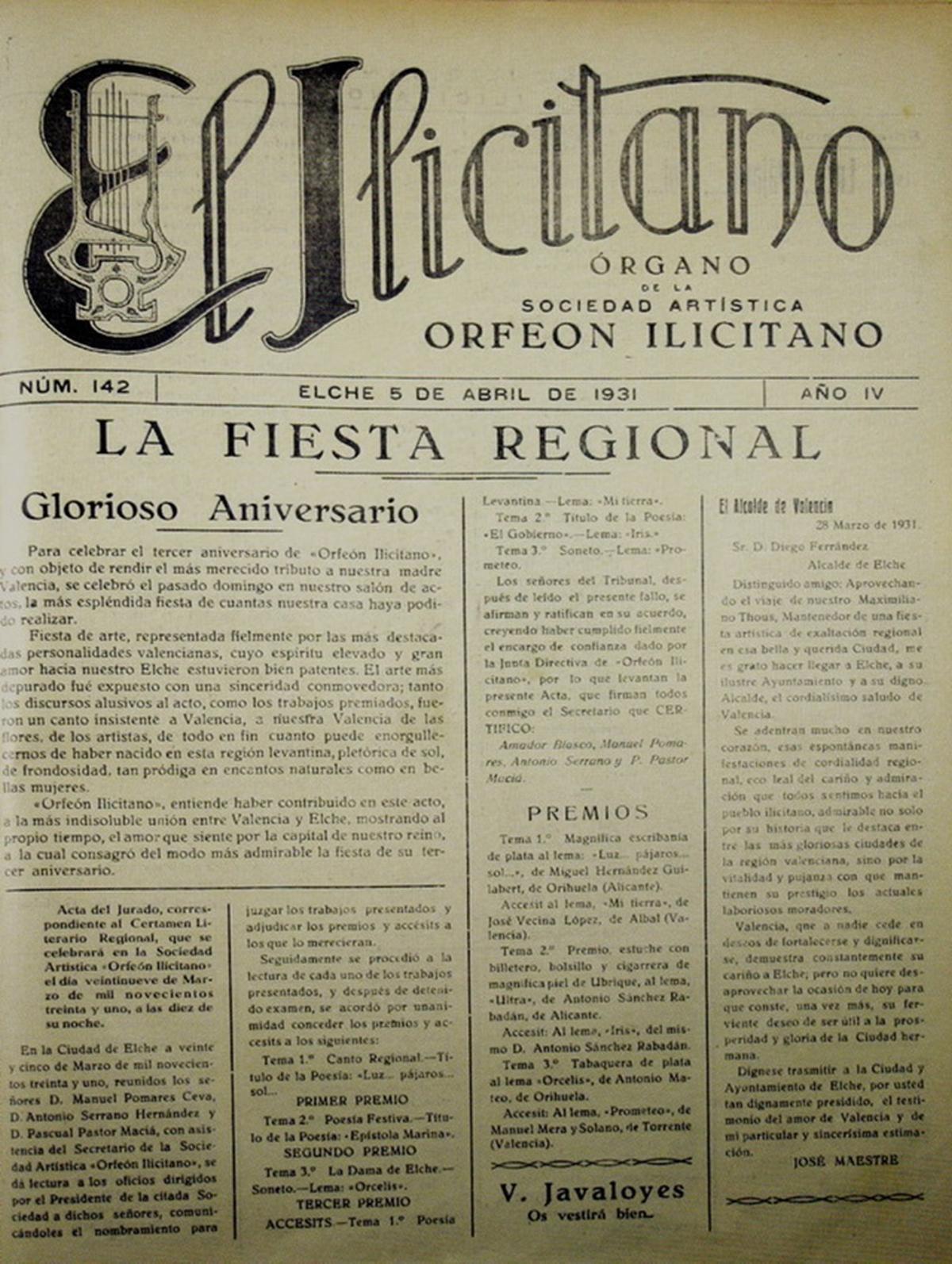 Portada de El Ilicitano, el 5 de abril de 1931