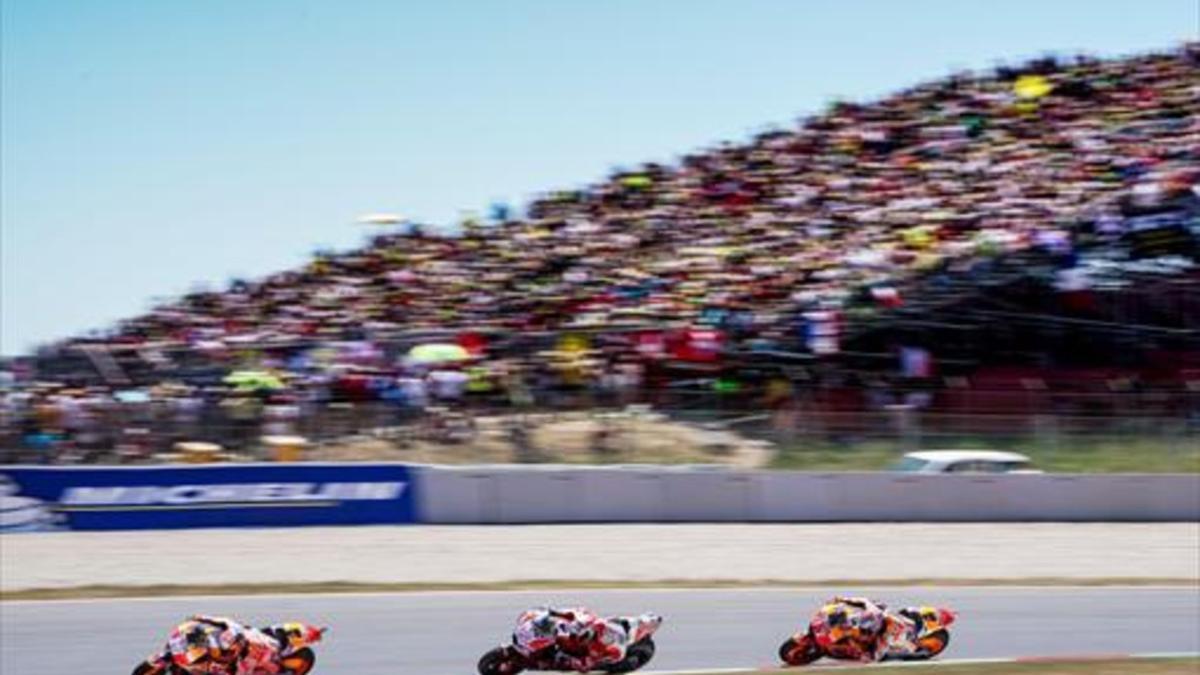 Dani Pedrosa, Andrea Dovizioso y Marc Márquez, en el último GP de Montmeló.