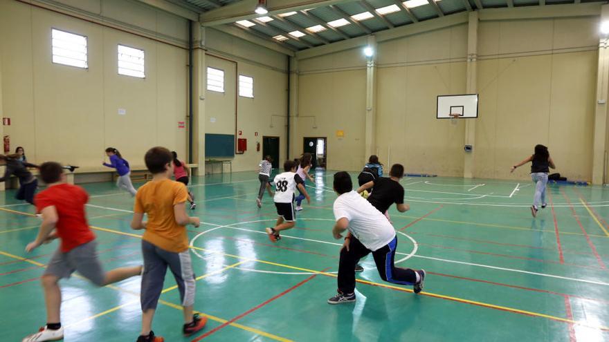 Varios niños juegan en el gimnasio de su colegio.