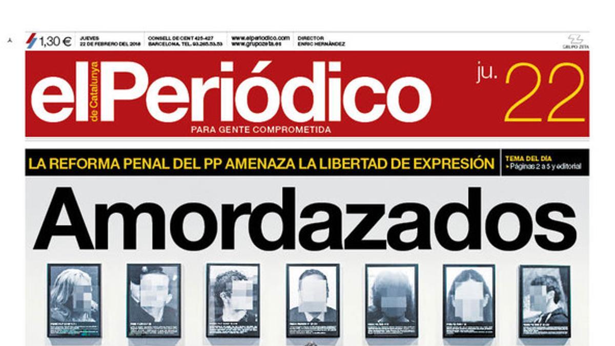 La portada de EL PERIÓDICO DE CATALUNYA del 22 de febrero del 2018