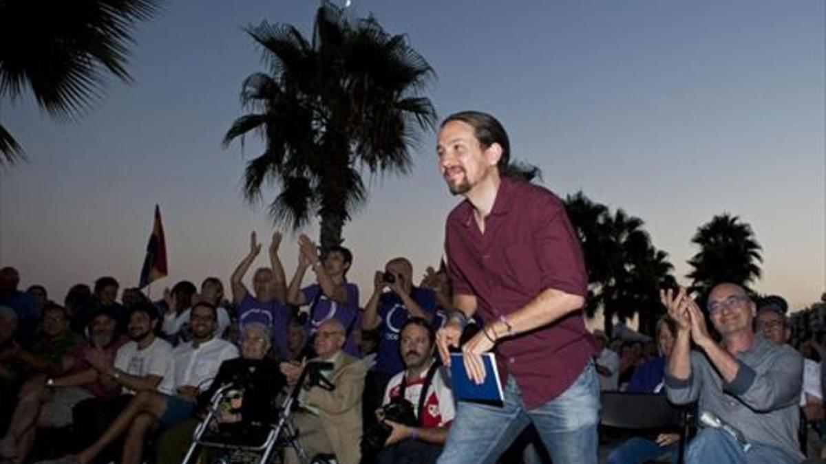 El líder de Podemos, Pablo Iglesias, este domingo en el mitin que ha dado en Blanes.