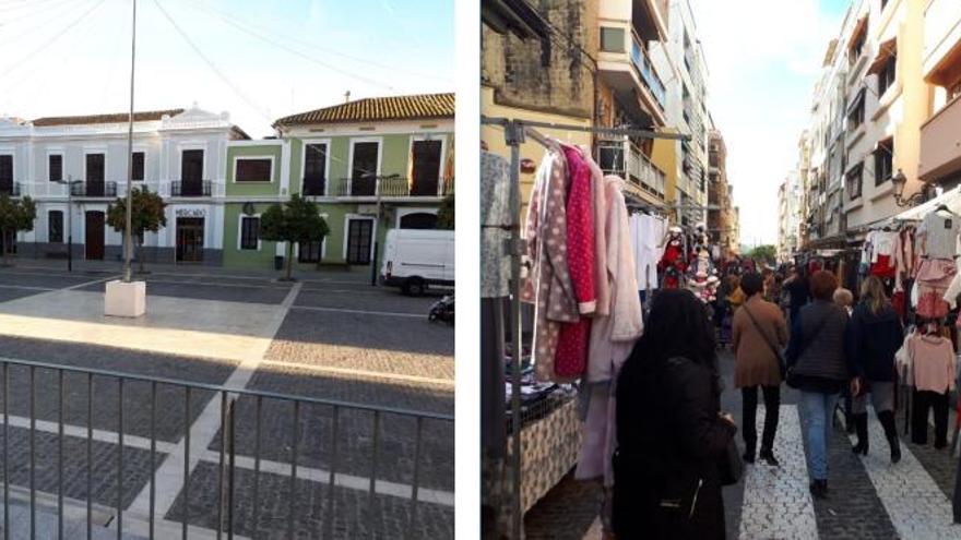 La Plaça del Poble, vacía, y una calle adyacente llena de paradas