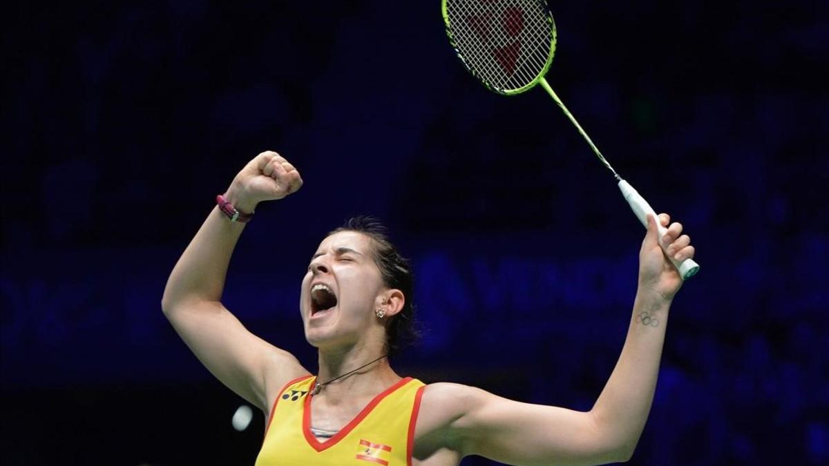 Carolina Marín celebra su victoria en el Europeo del pasado mayo