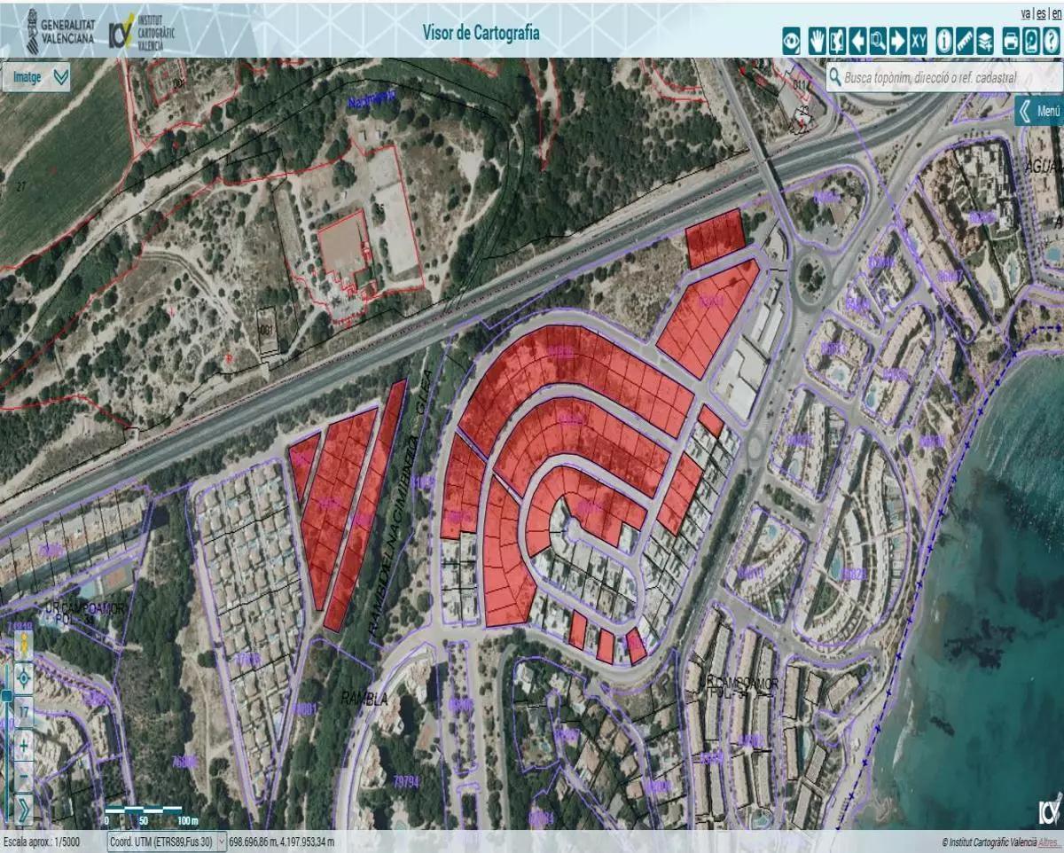 En rojo, las parcelas del sector Y-1 que aún están pedientes de edificar