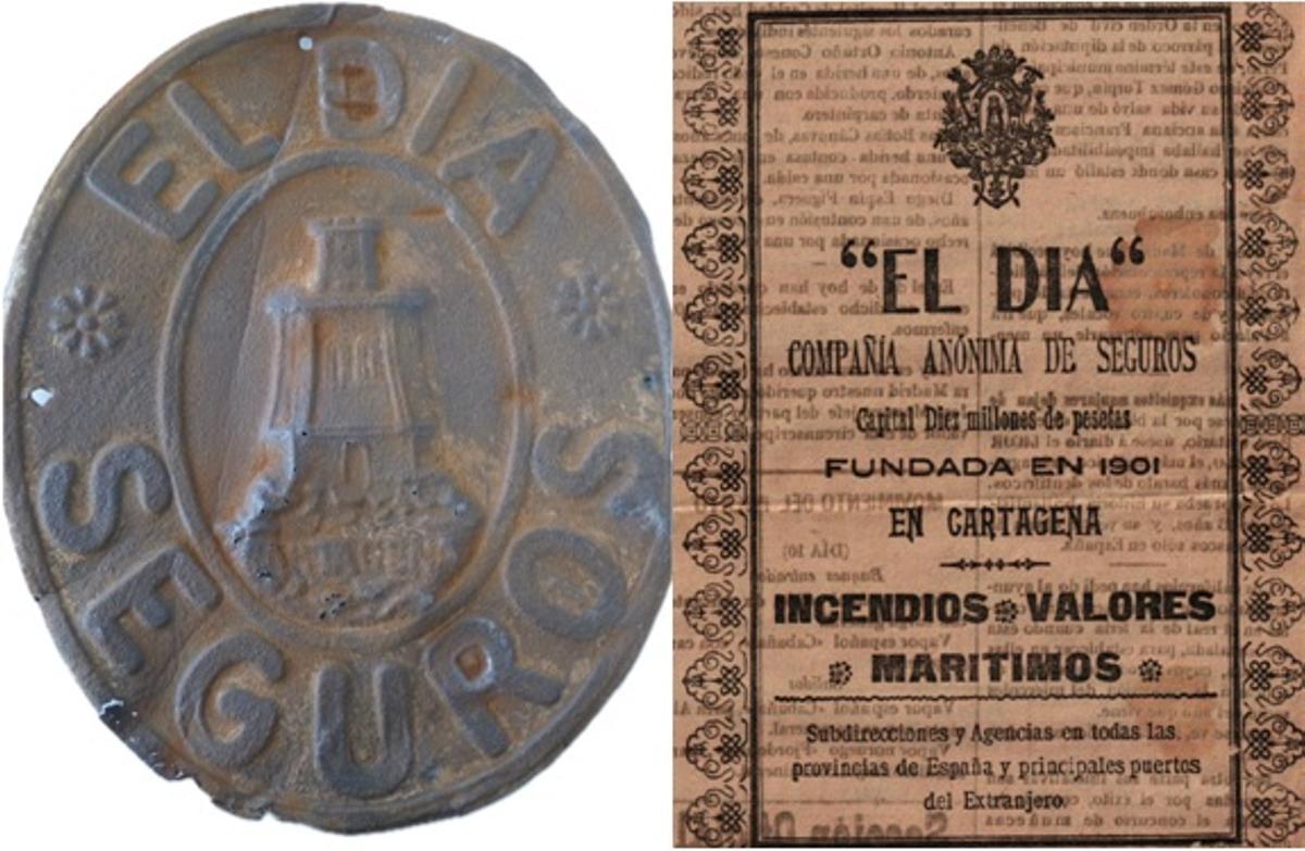 Placa de fachada de Seguros El Día y publicidad de la compañía de Cartagena