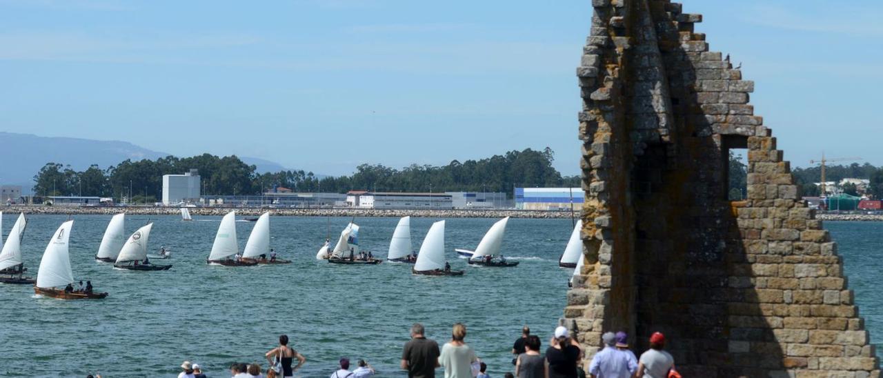 Varias dornas navegan por el litoral de Cambados durante una prueba de la Copa Mörling.