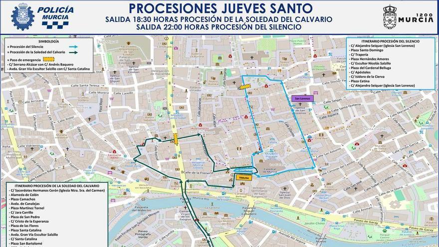 Estas son las calles cortadas en Murcia por las procesiones del Jueves Santo